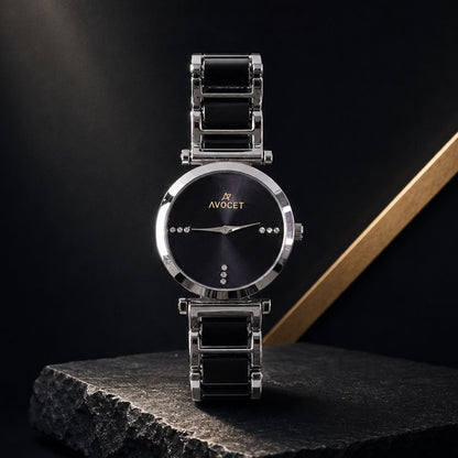 Black Round Shape Dial Watch with Silver Metal Strap Design for Women