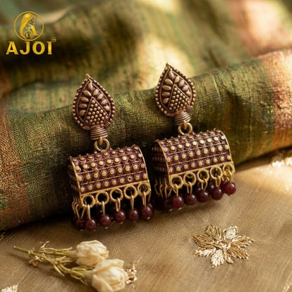 Antique Gold-Plated Leaf Design Jhumka Earrings with Maroon Bead Drops