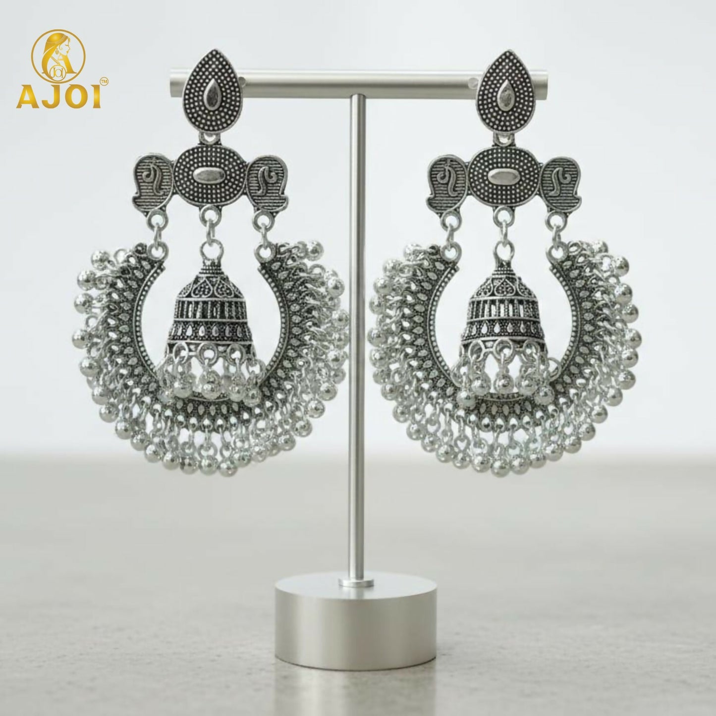 Antique Silver Oxidized Statement Chandbali Jhumka Earrings