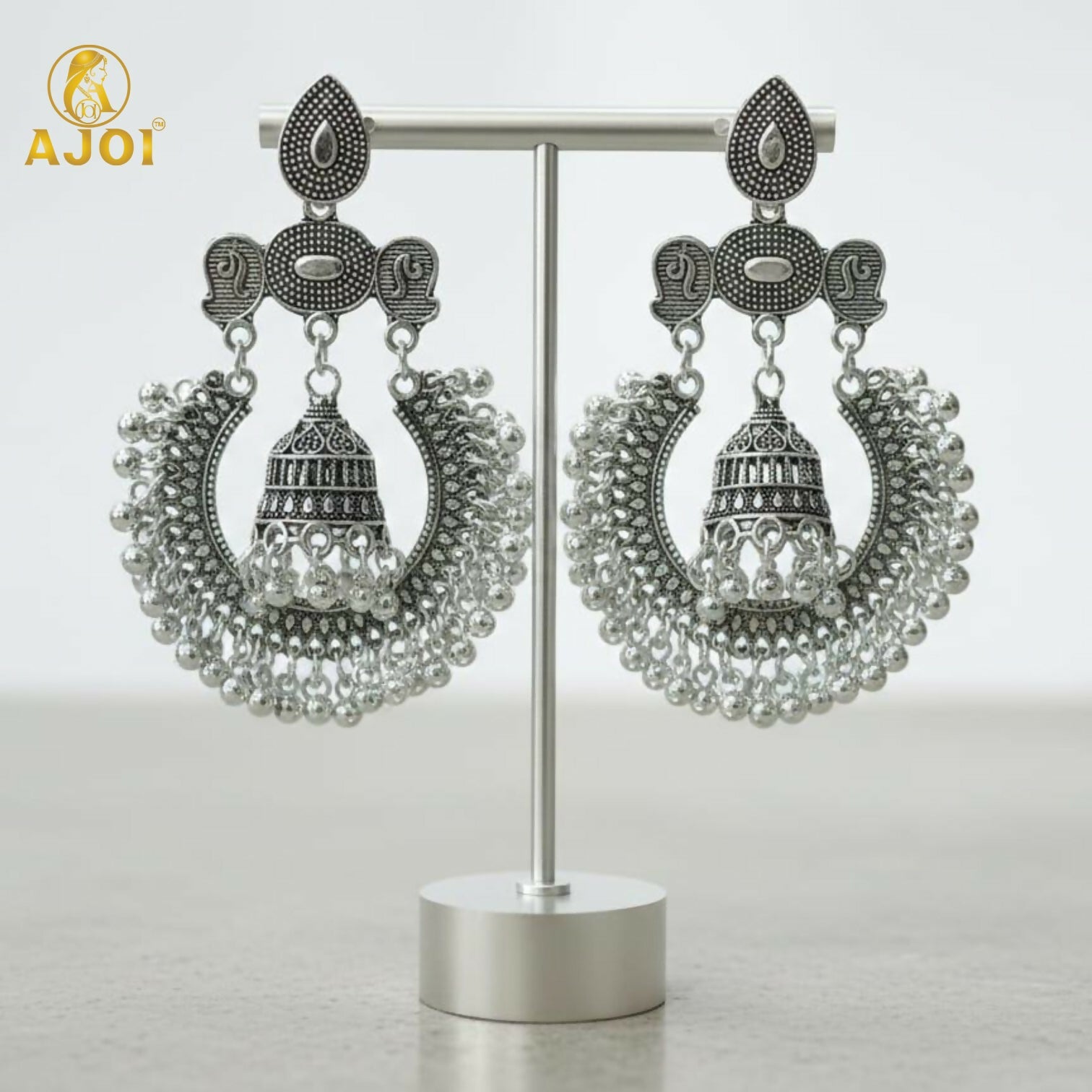 Antique Silver Oxidized Statement Chandbali Jhumka Earrings