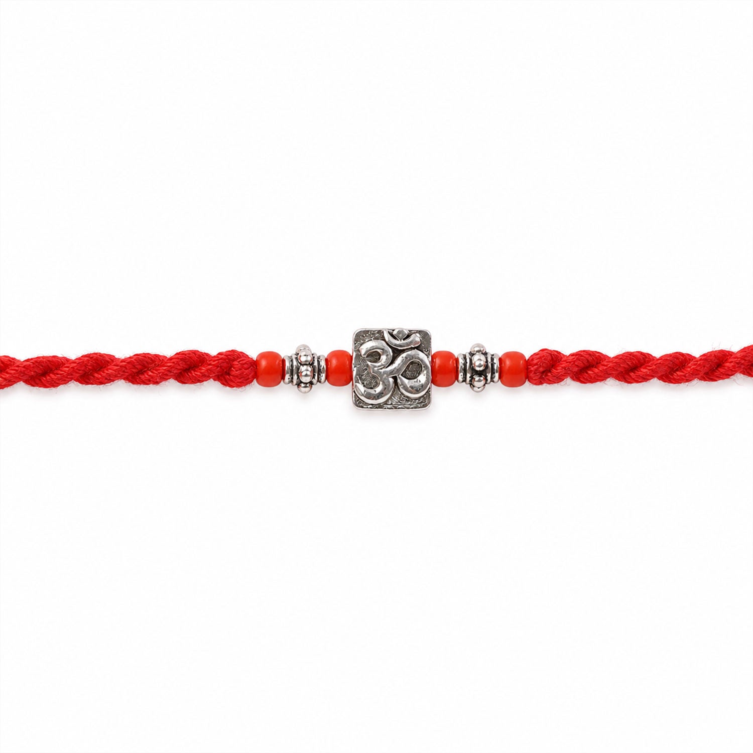 Red Thread Rakhi with a Bold Silver Om Pendant and Red Beads