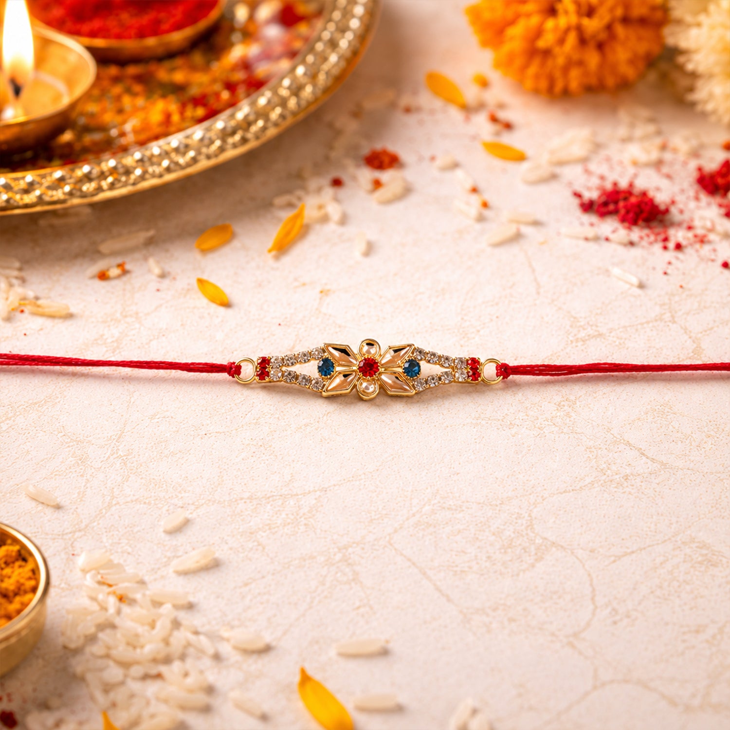 Red White Floral Rakhi with Triple Stone Center and Clean Finish
