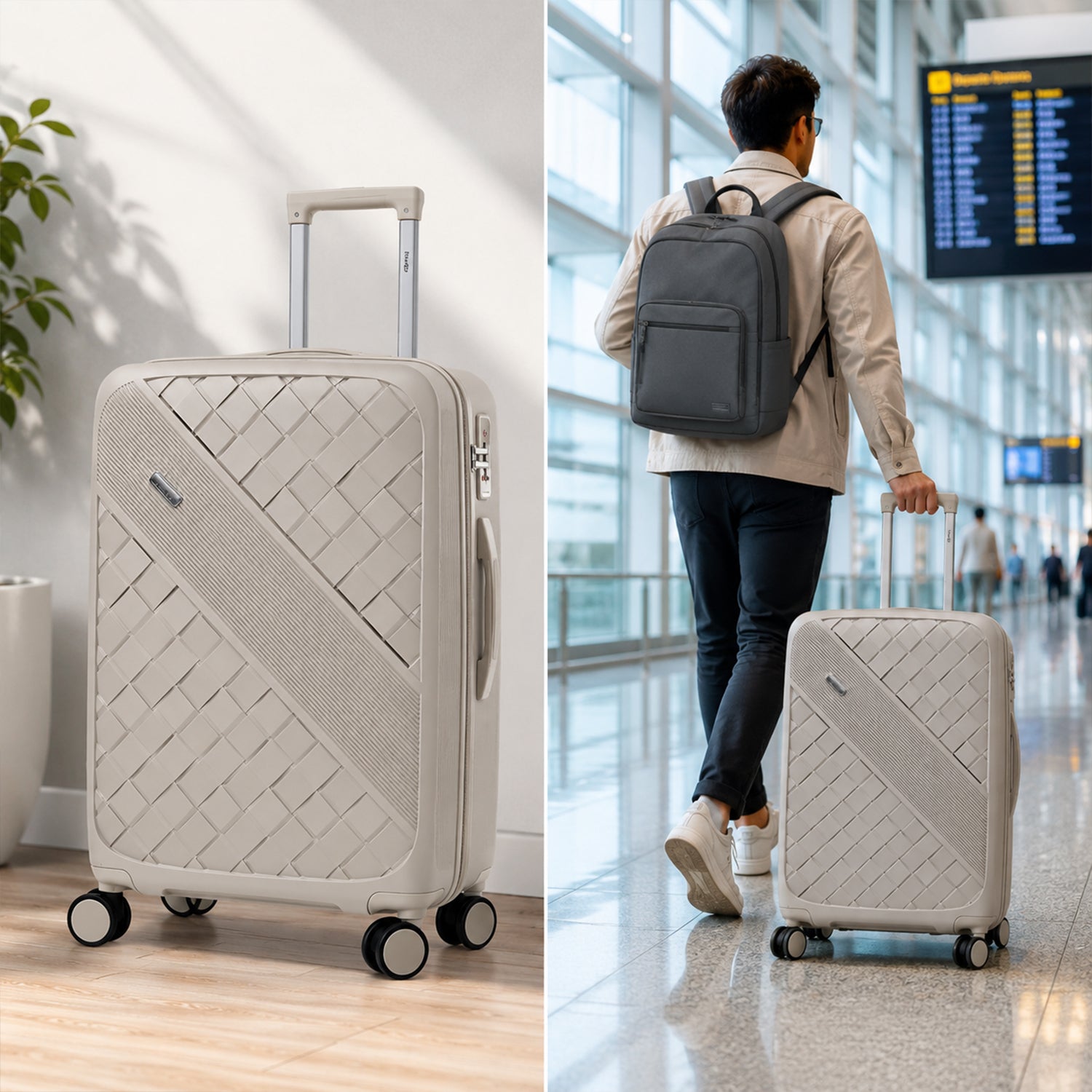 Beige Grey Premium Trolley Luggage with Spinner Wheels, Lock & Telescopic Handle