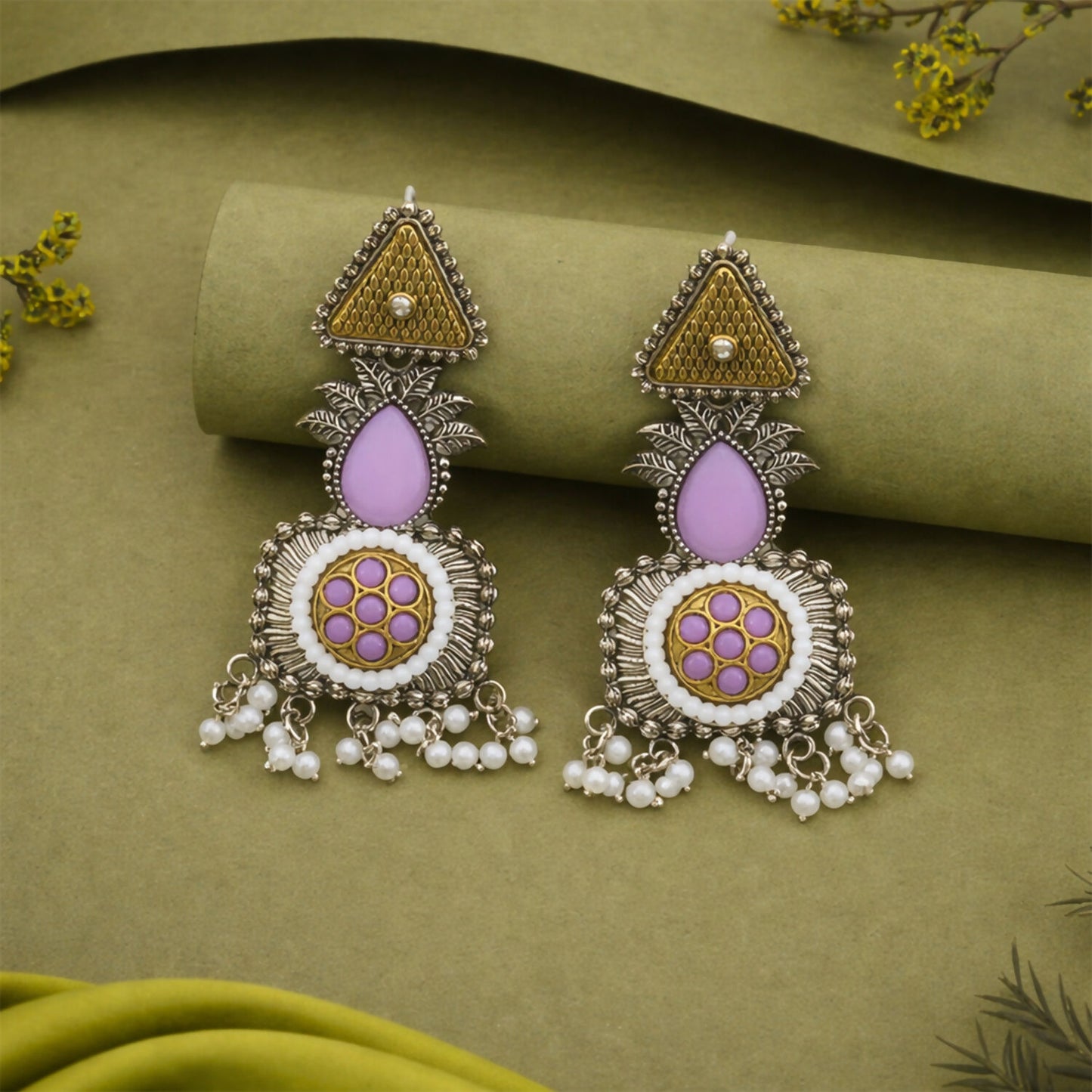 Elegant Blush Pink & Pearl Embellished Statement Drop Earrings with Antique Silver Finish and Intricate Floral Filigree Design