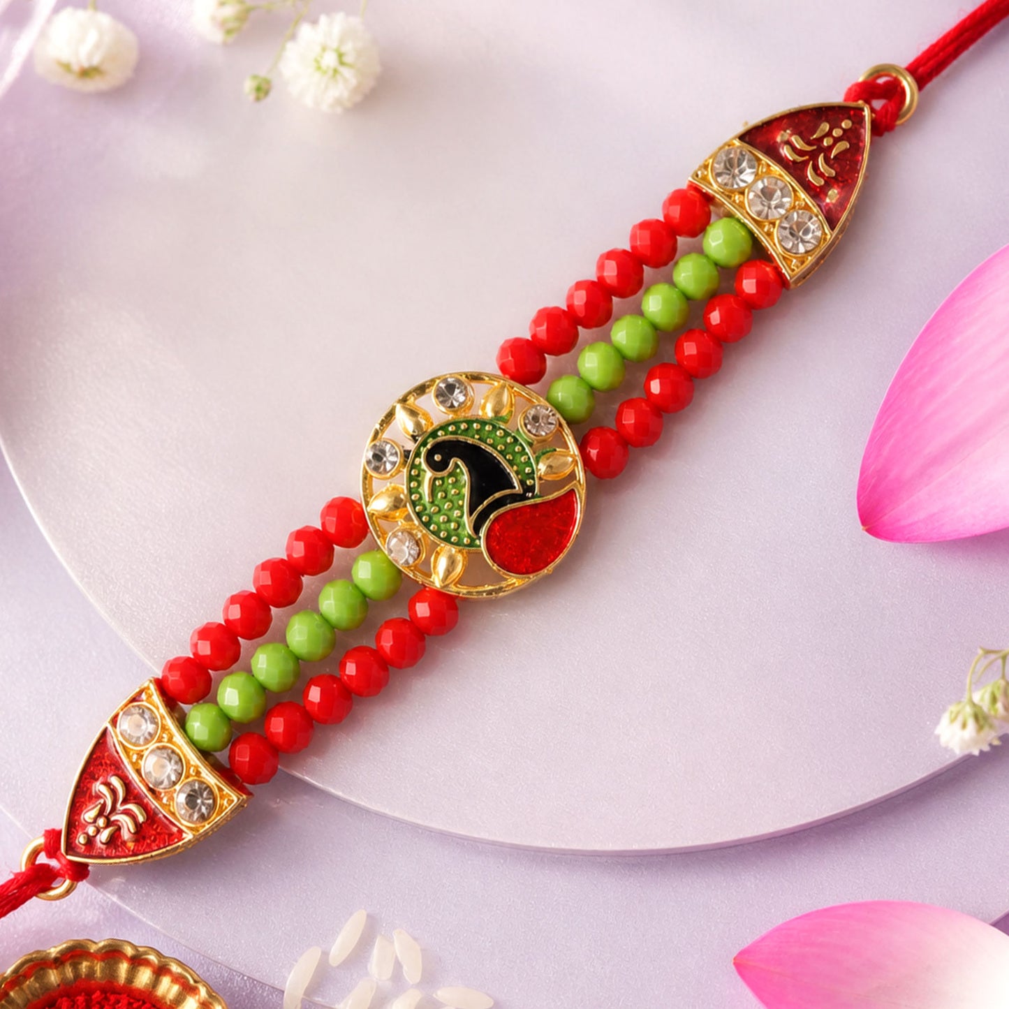 Red Green Beaded Rakhi with Gold Medallion and Bright Traditional Festive Gift Style