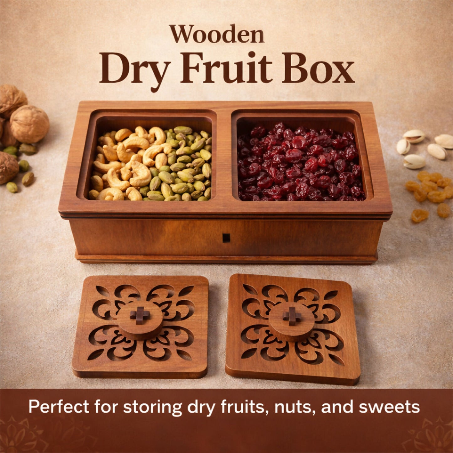 Open wooden dry fruit box displaying stored dry fruits in two sections