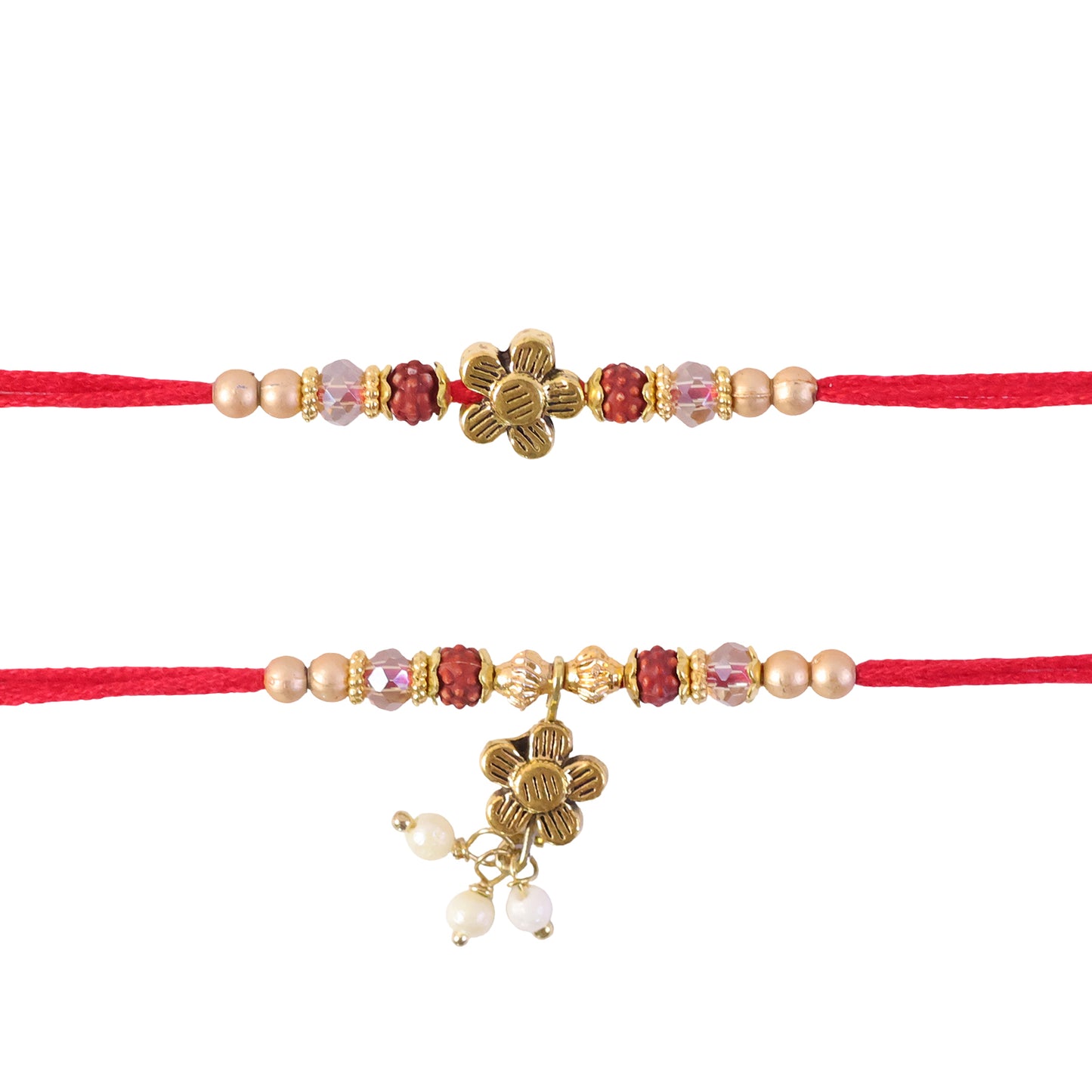 Divine Floral Motif Design Bhai Bhabhi Rakhi with Flower and Pearl Drop for Gifting