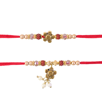 Divine Floral Motif Design Bhai Bhabhi Rakhi with Flower and Pearl Drop for Gifting