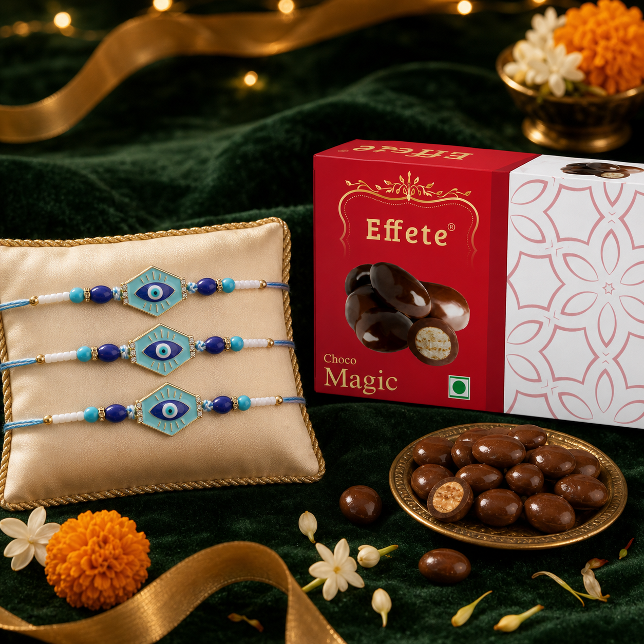 Blue Evil Eye Bracelet Rakhi with Choco Magic, Pack of 3