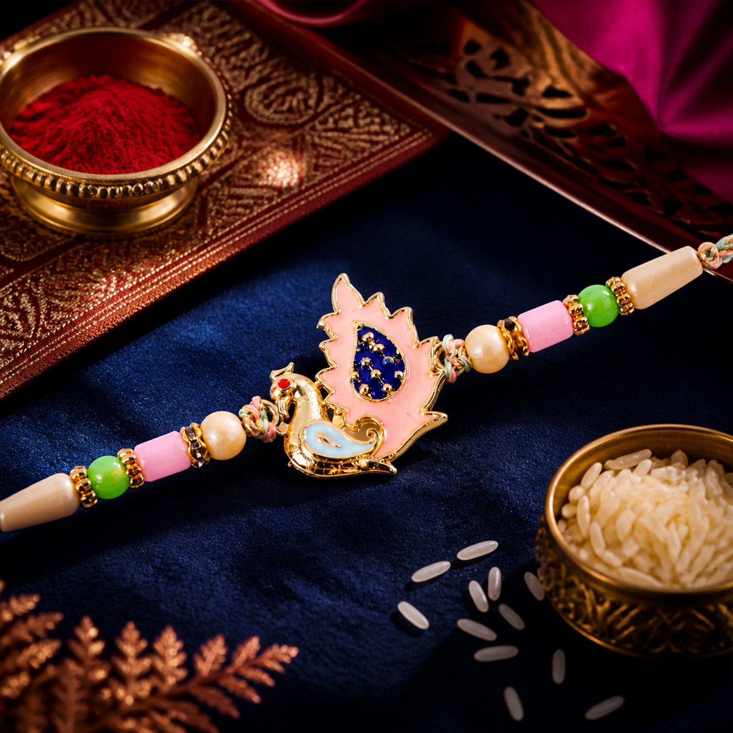Peacock Designer Rakhi for Brother with Pink Pendant & Colorful Bead Work