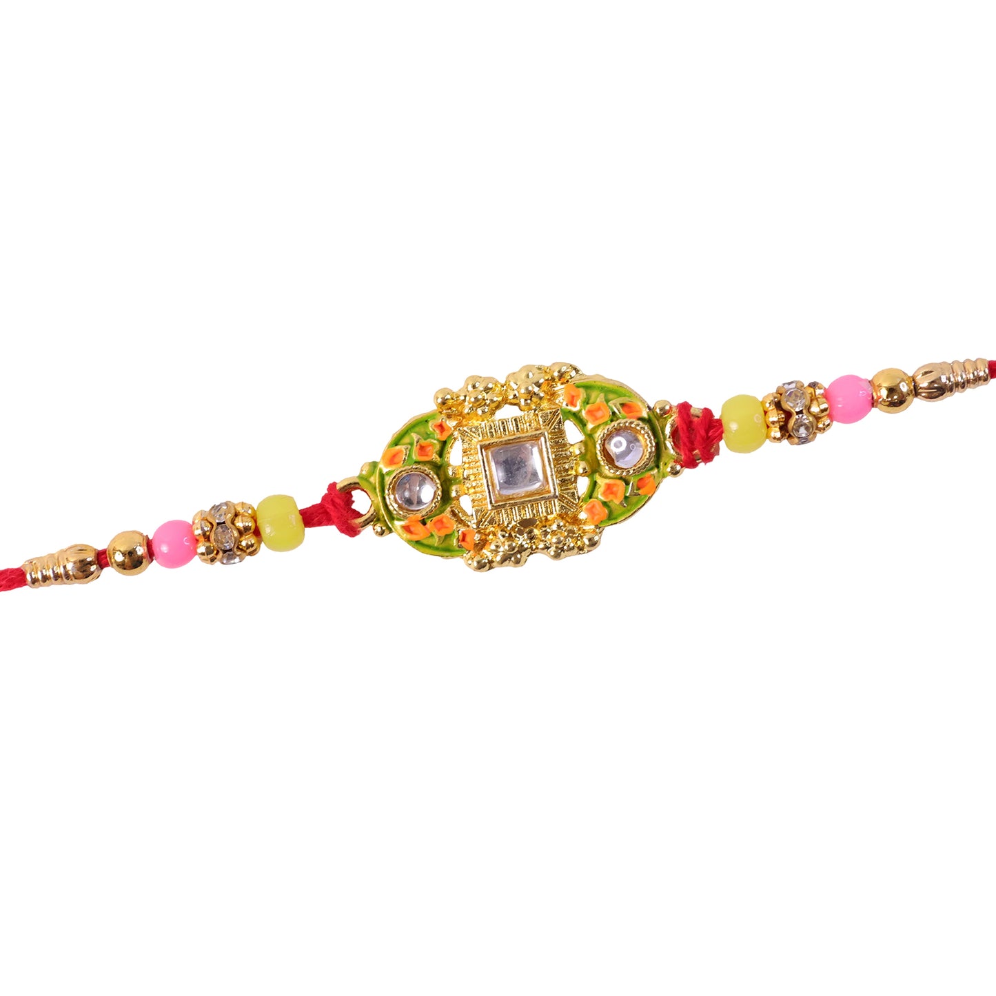 Elegant Rakhi with Square Red Gem Charm and gift finish in ornate look for Gift Use