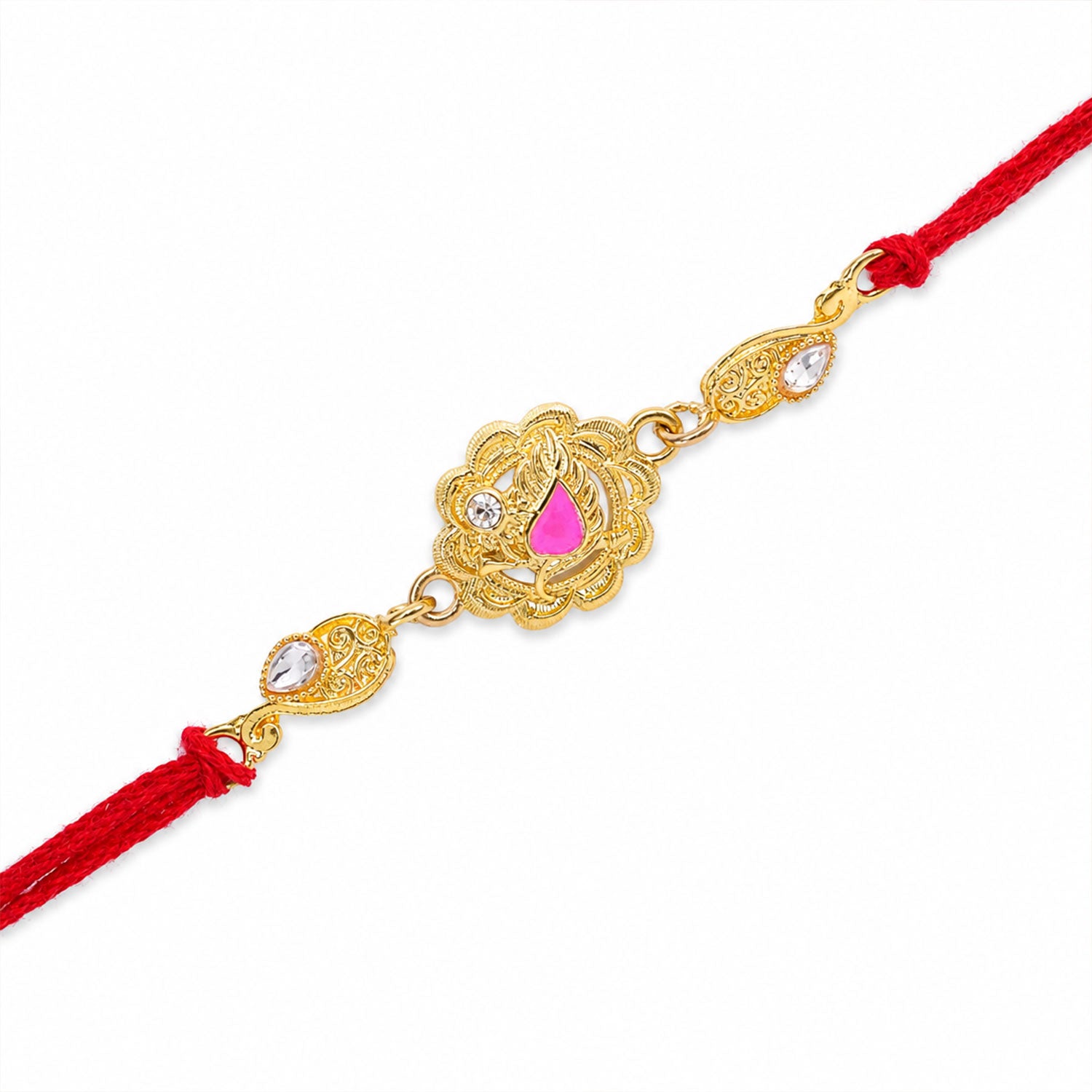 Premium Rakhi with Floral Medallion, crystal accents and gift style for Gift Styling