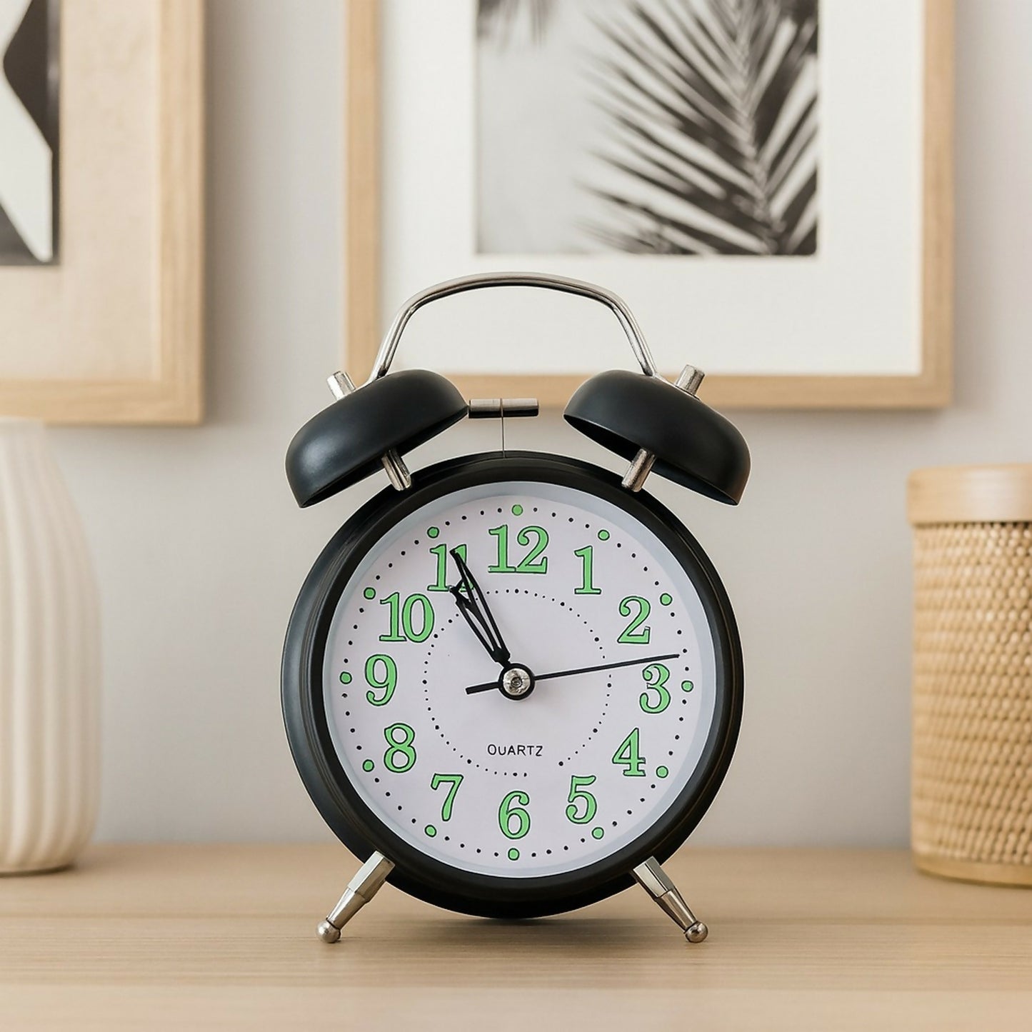 Black Twin Bell Alarm Clock – Loud Analog Desk Clock with Green Numbers