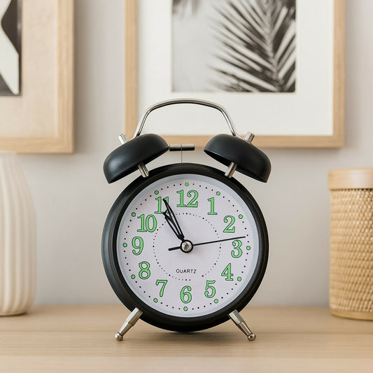 Black Twin Bell Alarm Clock – Loud Analog Desk Clock with Green Numbers