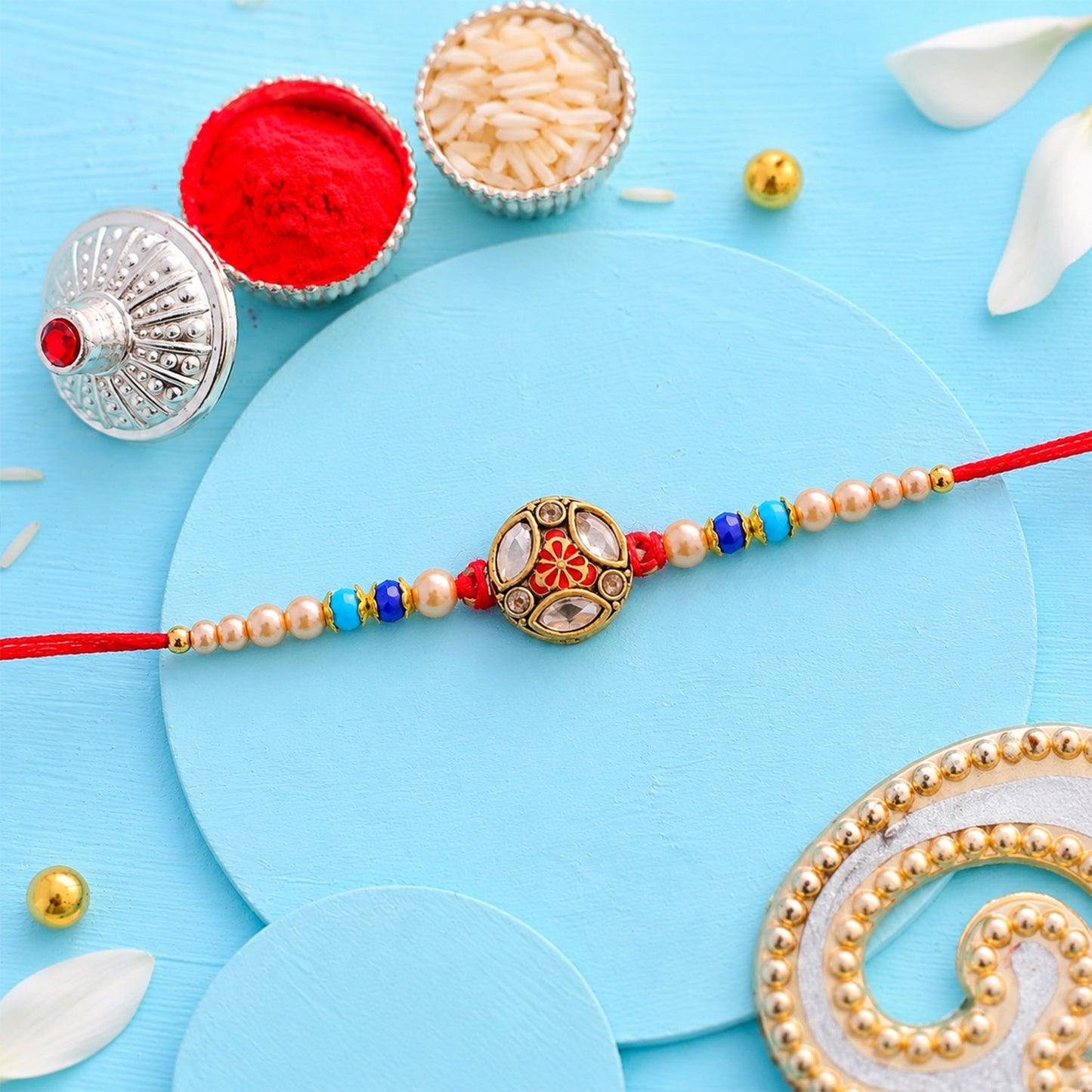 Royal Traditional Kundan Stone & Pearl Beaded Designer Rakhi for Brother