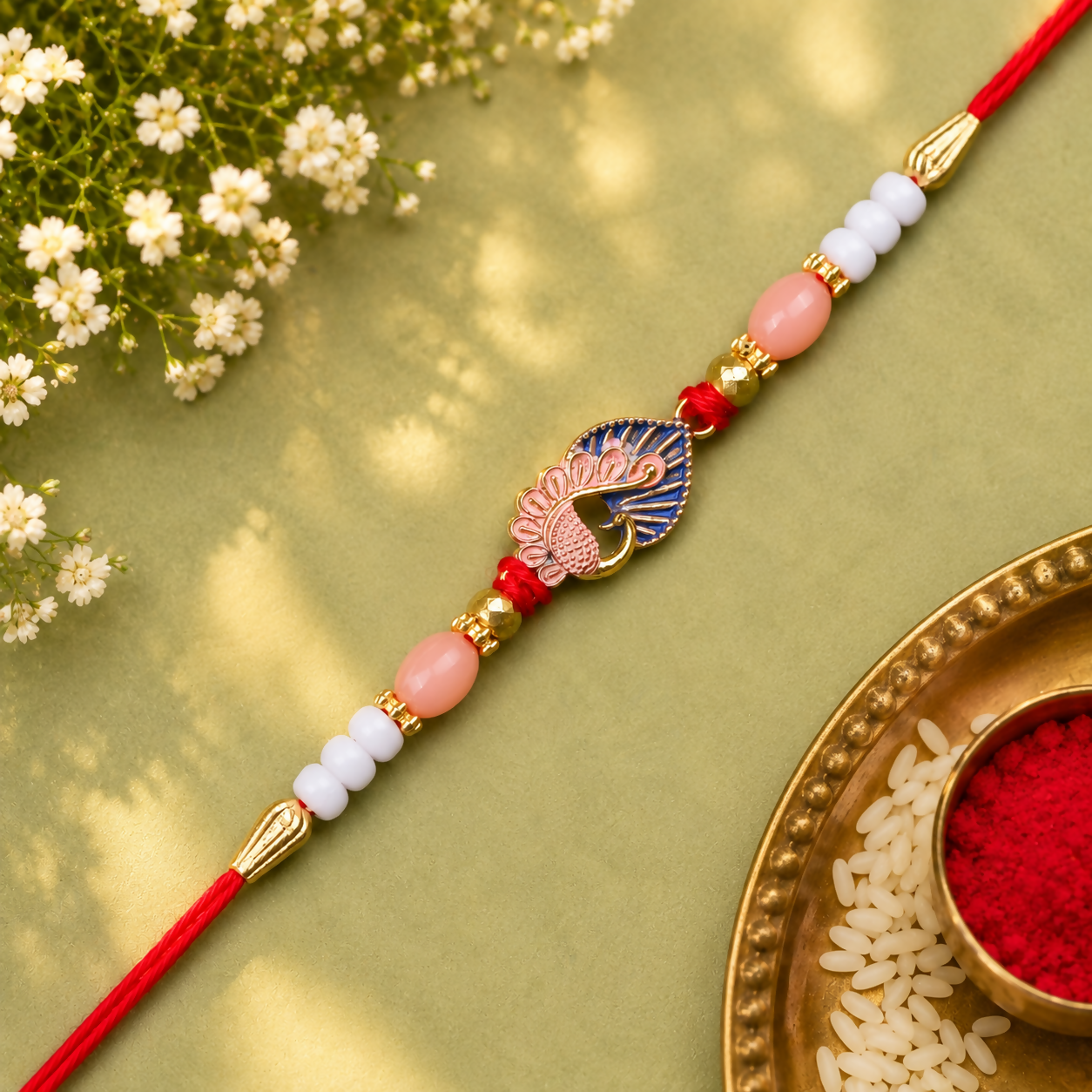 A red thread with a gold and blue peacock charm, flanked by pink, white, and gold beads, rests on a green fabric.