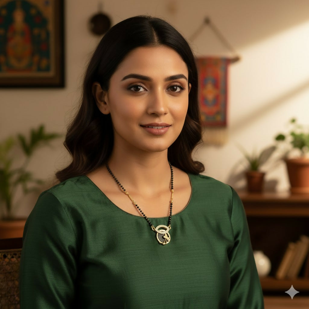 Gold-Plated AD Floral Mangal sutra with Black Beads & Crystals