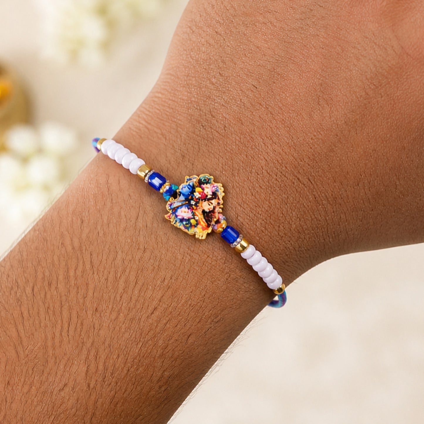 Radha Krishna Floral Art Printed Pearl Beads Bhai Bhabhi Rakhi Set