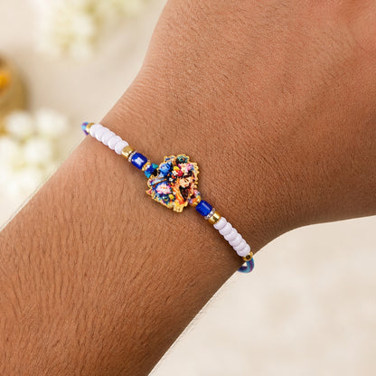 Radha Krishna Floral Art Printed Pearl Beads Bhai Bhabhi Rakhi Set