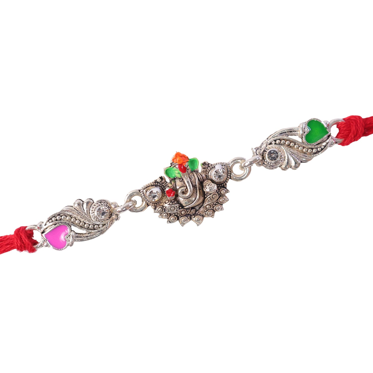 Silver-Toned Lord Ganesha Rakhi with Floral Design, Crystal Accents & Designer Red Thread