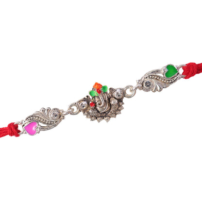 Silver-Toned Lord Ganesha Rakhi with Floral Design, Crystal Accents & Designer Red Thread