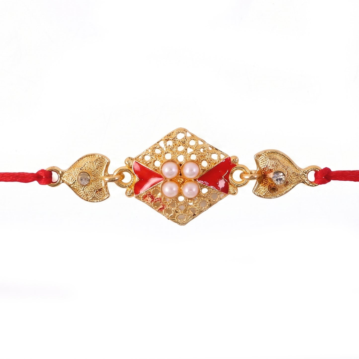 Royal Red Kundan Rakhi with Pearl Cluster and Gold Side Charms