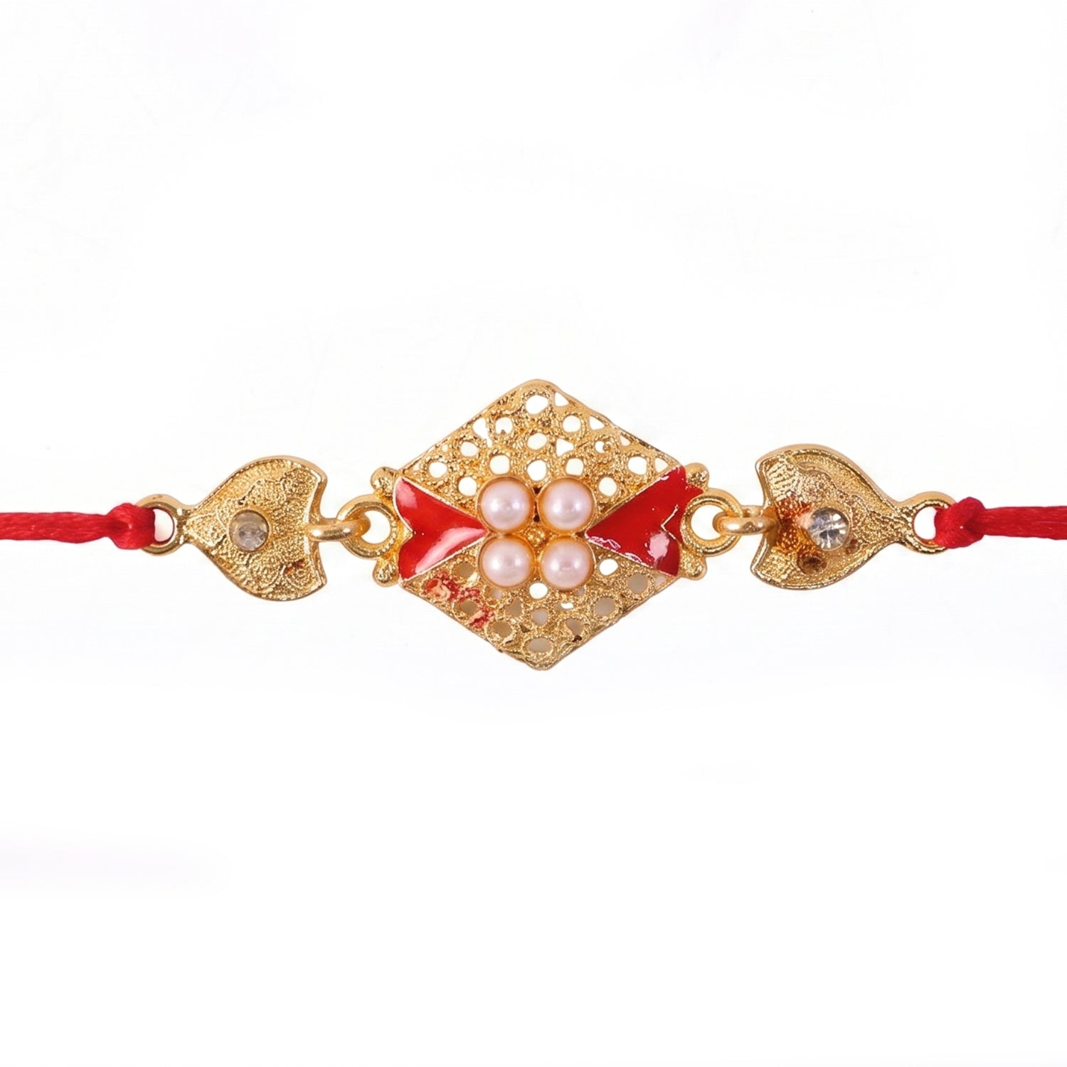 Royal Red Kundan Rakhi with Pearl Cluster and Gold Side Charms