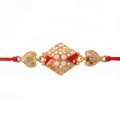 Royal Red Kundan Rakhi with Pearl Cluster and Gold Side Charms