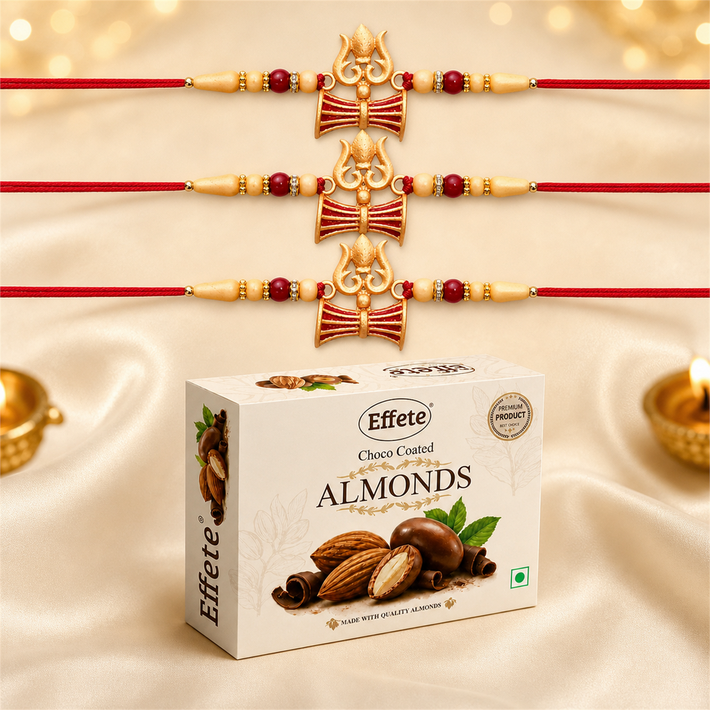 Om Trishul Rakhi Set with Choco Almonds, Pack of 3