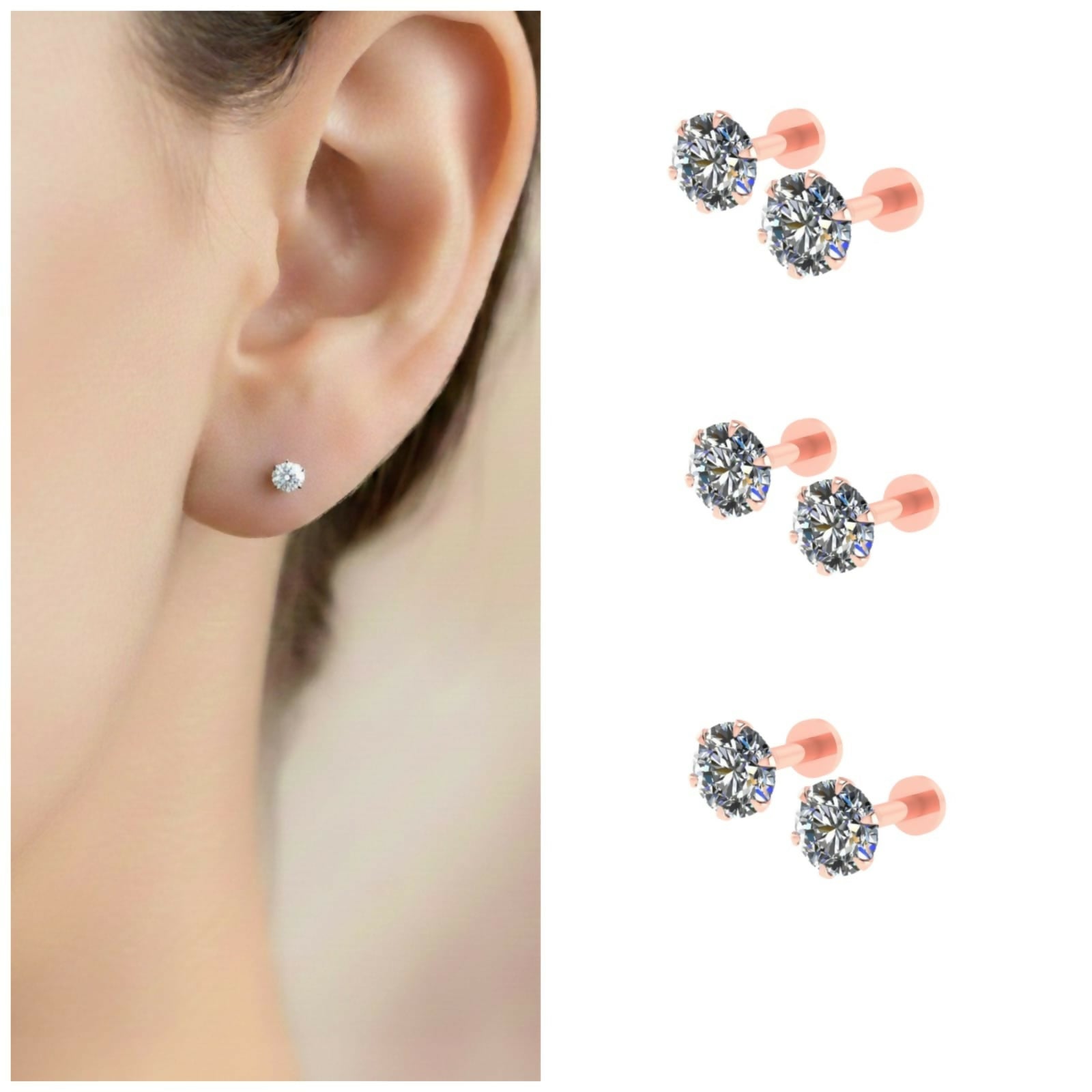 Rose Gold Round AD Flat Back Stud Earrings for women and girls Combo Pack of 6
