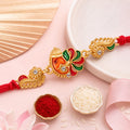 Gold-Toned Lord Ganesha Rakhi with Multicolor Enamel, Crystal Accents & Designer Red Thread
