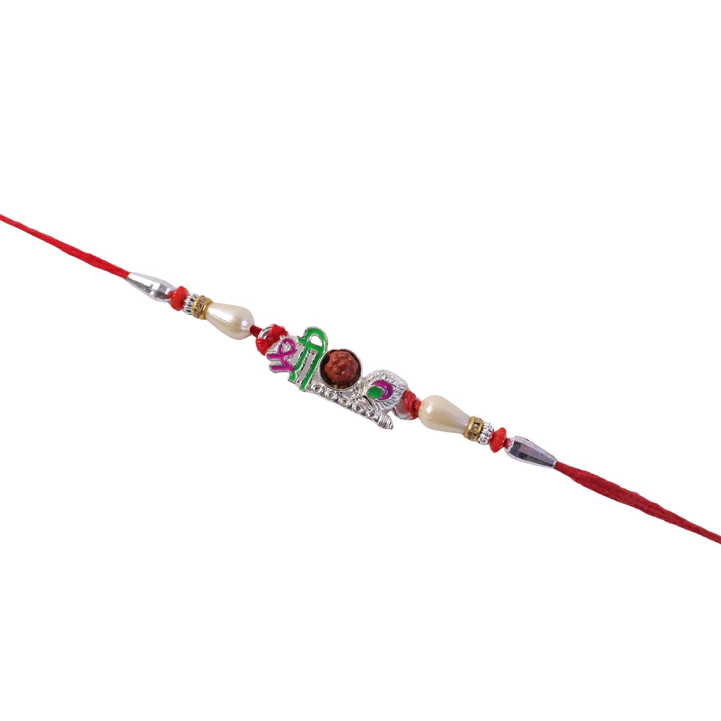 Colorful Shree Designer Rakhi with Rudraksha Center and Pearl Beads