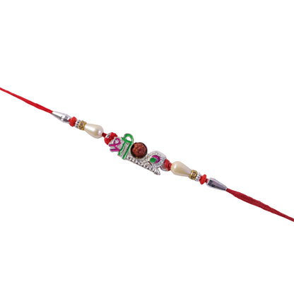 Colorful Shree Designer Rakhi with Rudraksha Center and Pearl Beads