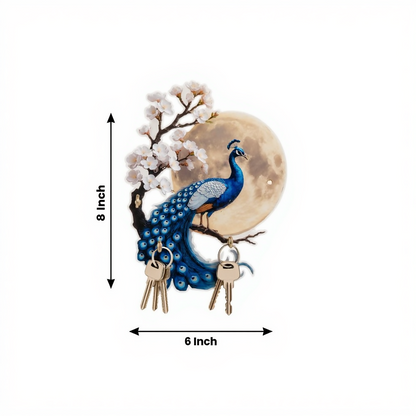 Decorative wall-mounted wooden key holder with peacock motif
