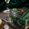 Black Skeleton Dial Watch for Men Tonneau Shape Racing Style Analog Silicone strap