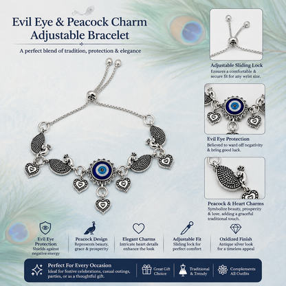The oxidized silver evil eye peacock charm bracelet with heart dangles is presented with descriptive text and close-up