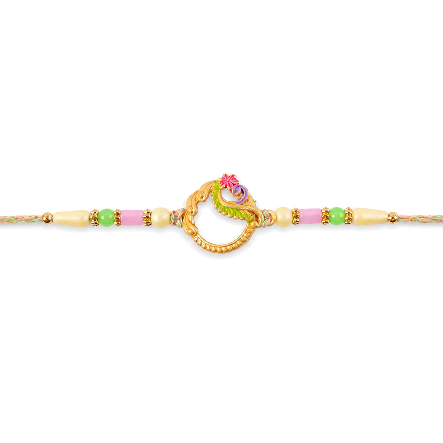 Golden Circular Rakhi with Pink Green Beads and Refined Festive Brother Gift Appeal