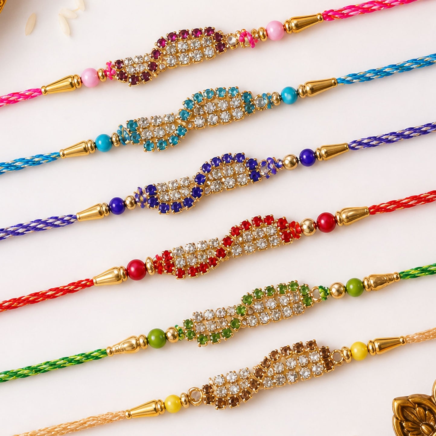 Wave Shaped AD Stone Rakhi for Brother with Beads (Pack of 6)