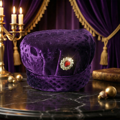 Close-up of decorative stone brooch on velvet cap