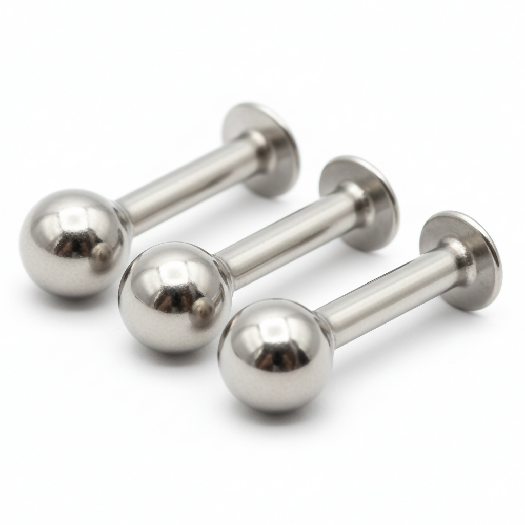Close-up of silver plated ball labret stud earrings suitable for lip and ear piercings