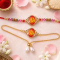 Ganesh Printed Motif Oval Floral Frame Rudraksha Beads Bhai Bhabhi Rakhi Lumba Set