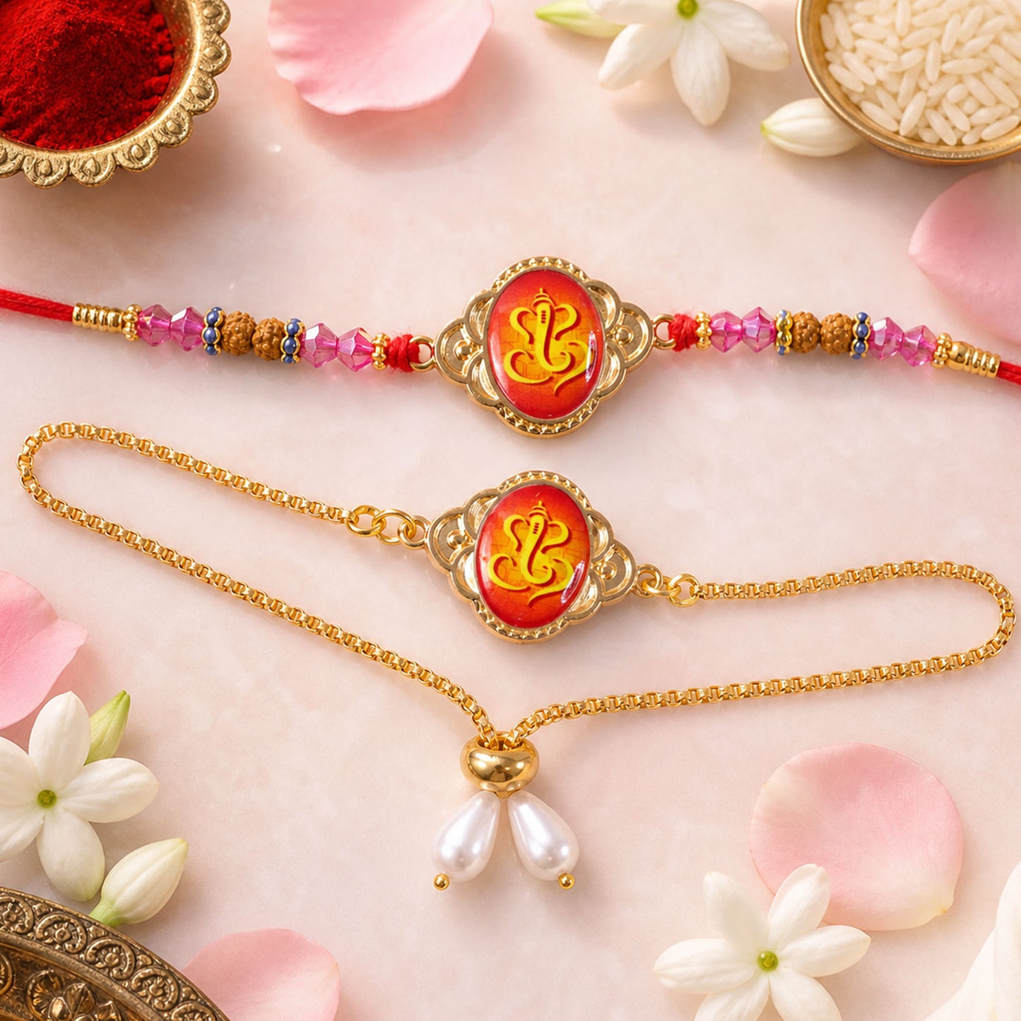 Ganesh Printed Motif Oval Floral Frame Rudraksha Beads Bhai Bhabhi Rakhi Lumba Set