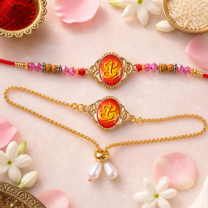 Ganesh Printed Motif Oval Floral Frame Rudraksha Beads Bhai Bhabhi Rakhi Lumba Set