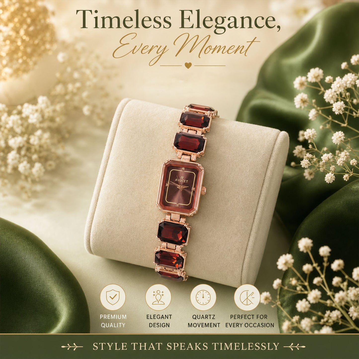 Rose Gold Square Shape Dial Watch with Black Red Stone Strap Design for Women