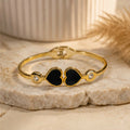 Double Black Heart Gold Tone Bangle Bracelet with Crystal Accents for Women