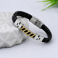 Stripe Bracelet Rakhi with Black Braided Band and Dual-Tone Plate for Raksha Bandhan