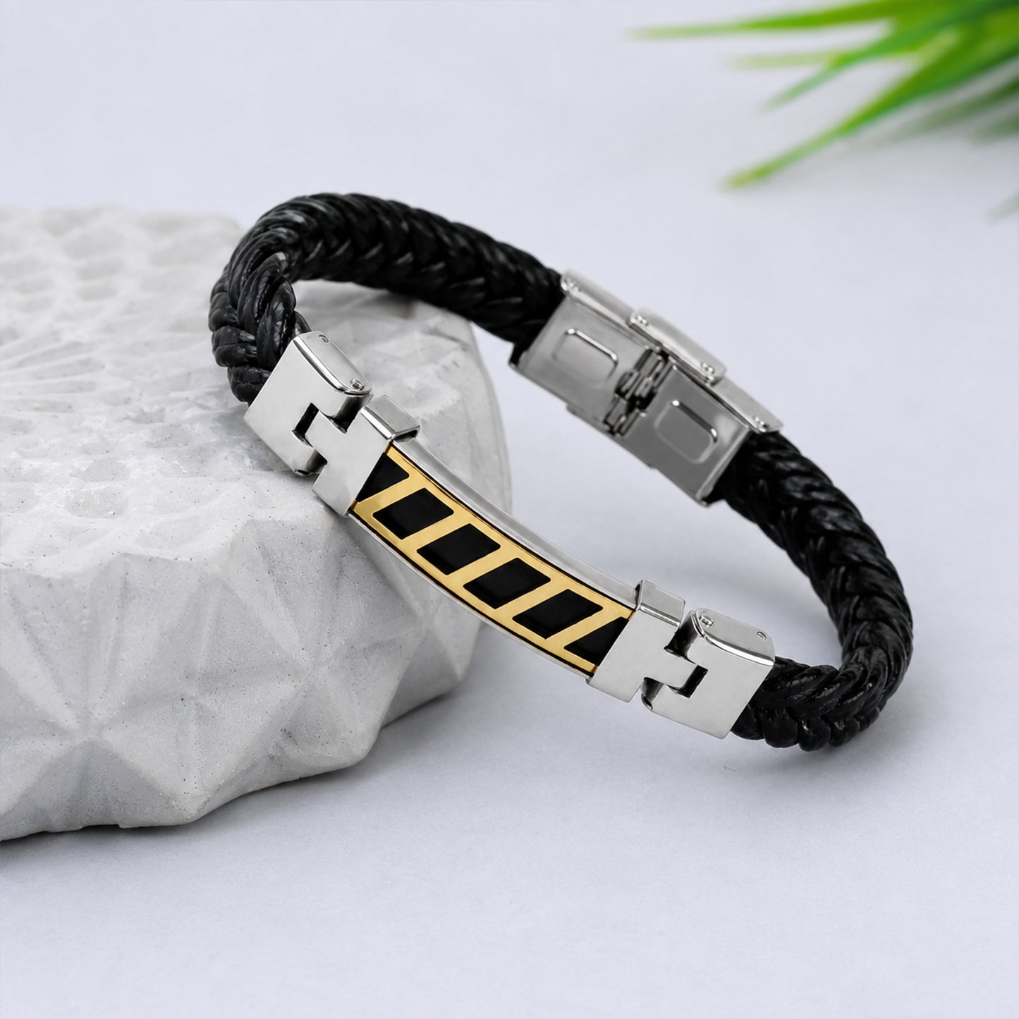 Stripe Bracelet Rakhi with Black Braided Band and Dual-Tone Plate for Raksha Bandhan