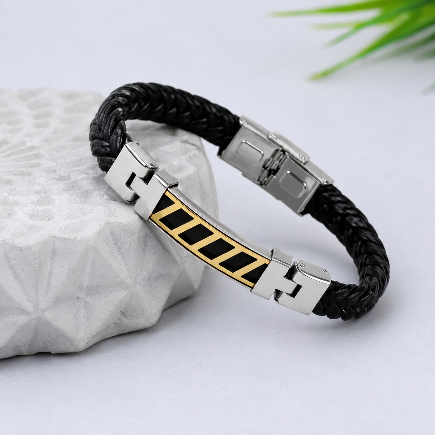 Stripe Bracelet Rakhi with Black Braided Band and Dual-Tone Plate for Raksha Bandhan