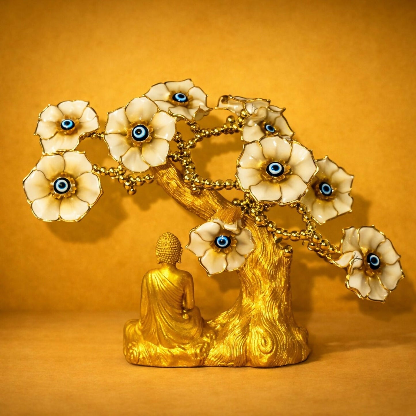 Golden Buddha Tree Showpiece with Yellow Flowers & Evil Eye for Home Decor