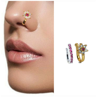 Ruby floral gold nose ring showing intricate pink stone and CZ details
